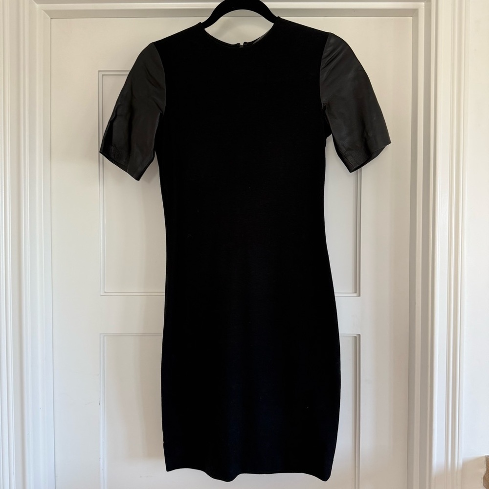 VINCE Black Soft Leather Sleeve Pencil Shift Dress Womens 0